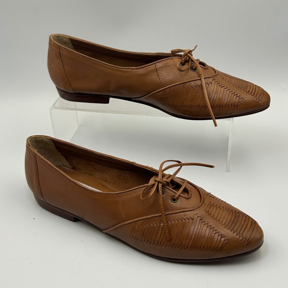 VTG Pappagallo Brown Leather Woven Oxford Flats 8M Made in Brasil Deadstock 80s